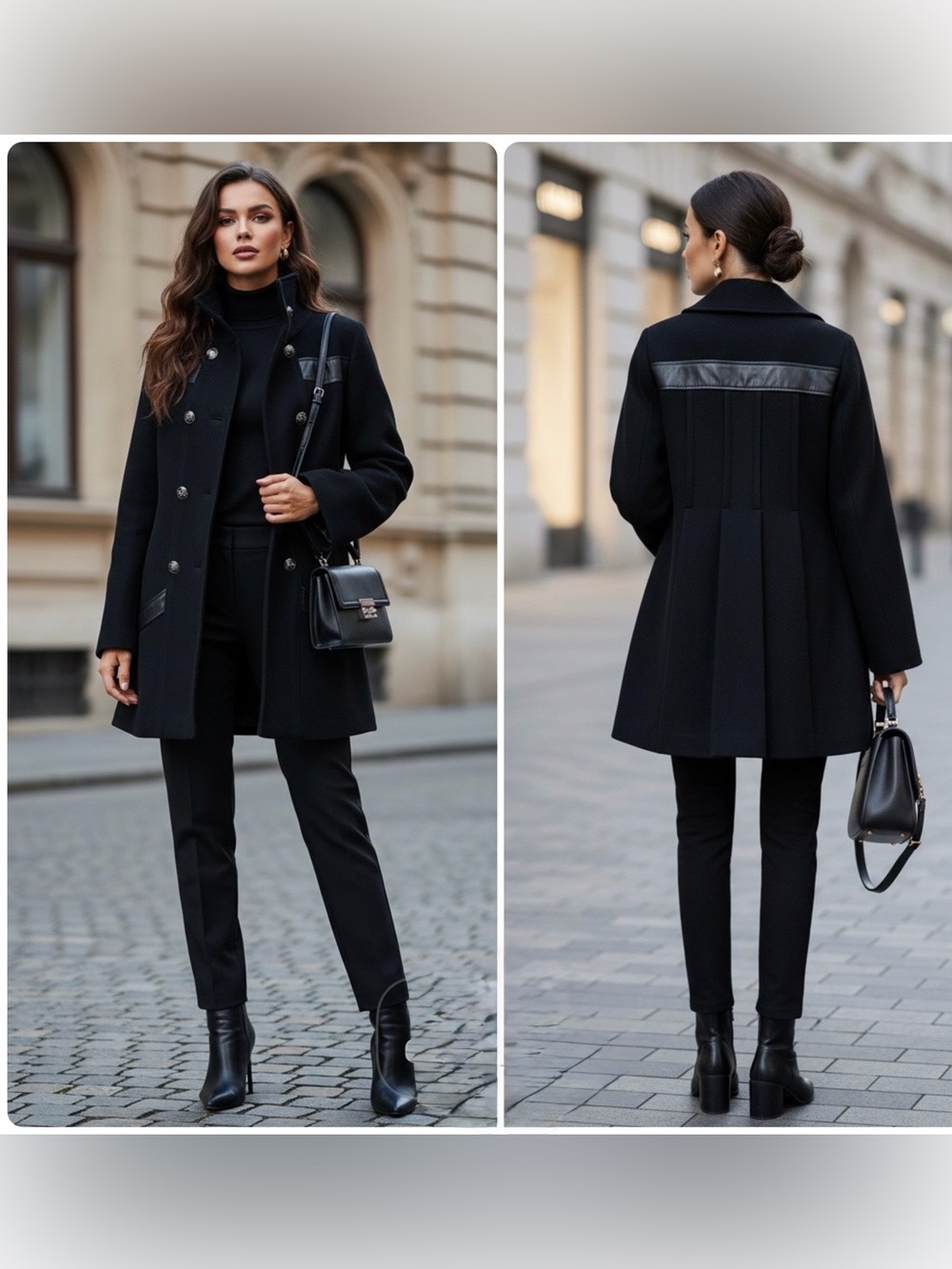 Vintage Mackage Black Wool Cashmere Peacoat Leather Trim pleats  Jacket Sz M Y2K